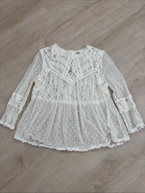 Free People Ivory Lace Swiss Dot Peasant Blouse